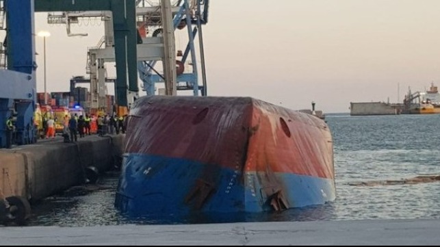 Container Feeder Capsizes at the Pier at Port of Castellón